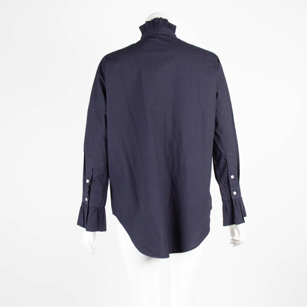 Alex Mill Navy Ruffle Neck Blouse Womens XS Cotton Elegant Trendy Button Up - Picture 3 of 8